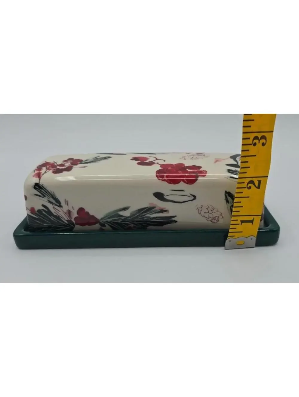 Anthropologie Holly Berry Stoneware Butter Dish Green Base Holiday Kitchen Decor